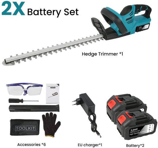 Aofesel Electric Hedge Trimmer and Cordless Grass Trimmer 24 V Portable Cordless 2 x 1.5 Ah Lithium Ion Batteries and Charger, 90° Adjustable
