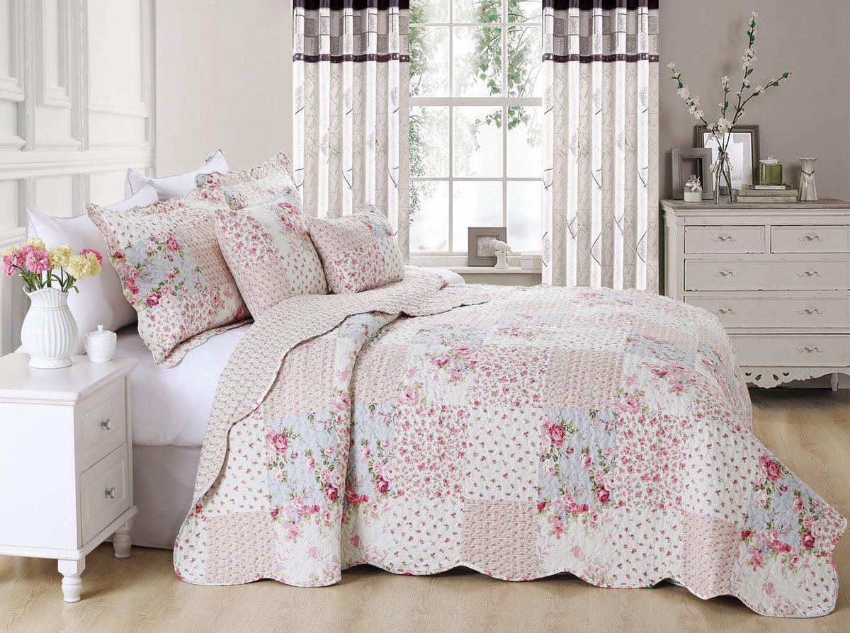 Unyqoos® Charmante Landelijke Patchwork Sprei met Rozenmotief, Zacht Gewatteerd en Onderhoudsvriendelijk, 140 x 210 cm