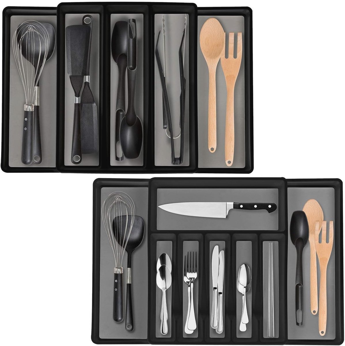 Uitbreidbare Bestek Organizer en Gebruiksvoorwerp Tray Set - Multifunctionele Keuken Opberger voor Bestek, Kookgerei en Meer
