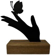 Mini urn - Zwart metaal in houten sokkel - Hand met vlinder - 20cm - Nederlands ontwerp en productie