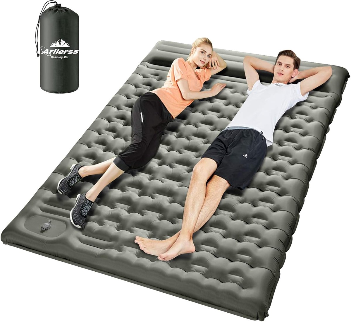 Zelfopblazende campingslaapmat, slaapmat voor 2 personen, 200 x 140 cm met ingebouwde pomp, verdikte buitenslaapmat met kussen voor wandelen, outdoor, reizen, wandelen, strand legergroen