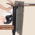 Mechanisme voor het vouwen van de houten laptoptafel, met focus op de ring en het scharnier.