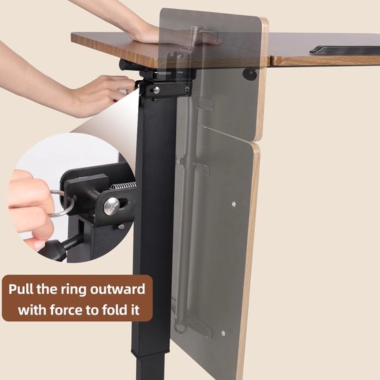 Mechanisme voor het vouwen van de houten laptoptafel, met focus op de ring en het scharnier.