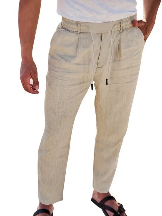 Pantalon en lin Nivard pour homme - Pantalon d'été - Adultes - Pantalon long - Pantalon de plage - Été - Style Ibiza - Kaki - Taille L