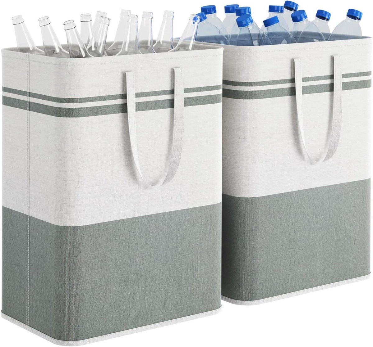 Opvouwbare wasmanden 80L - Set van 2 - Grijs en wit - Verlengde handgrepen - Stoffen wasmand voor vuile was - Voor kinderen - Voor slaapkamer, badkamer, wasruimte