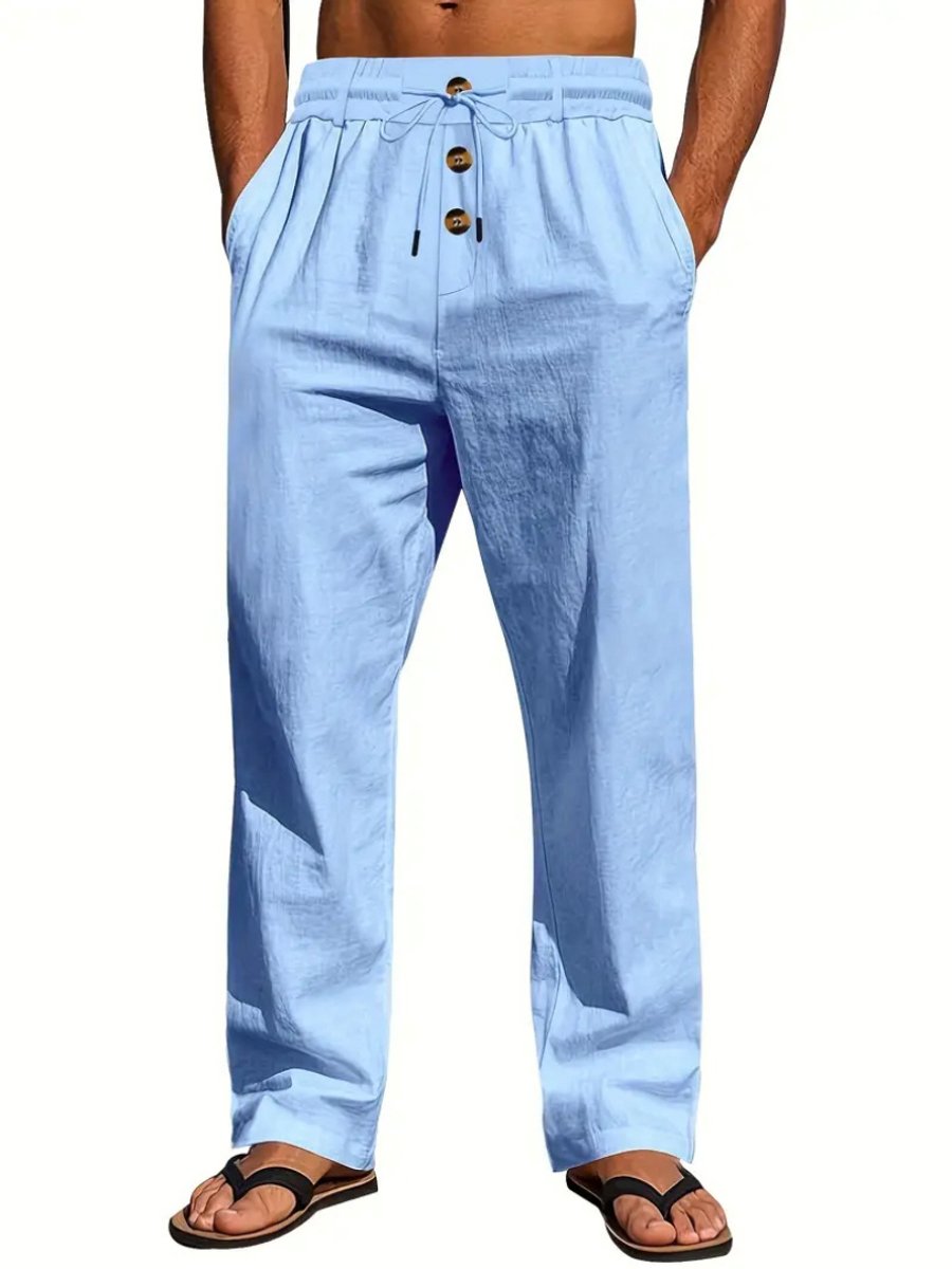 Nivard Linnen Broek Heren Zomerbroek Volwassenen Lange Broek Pantalon Strandbroek Zomer Ibiza Stijl Hemelsblauw