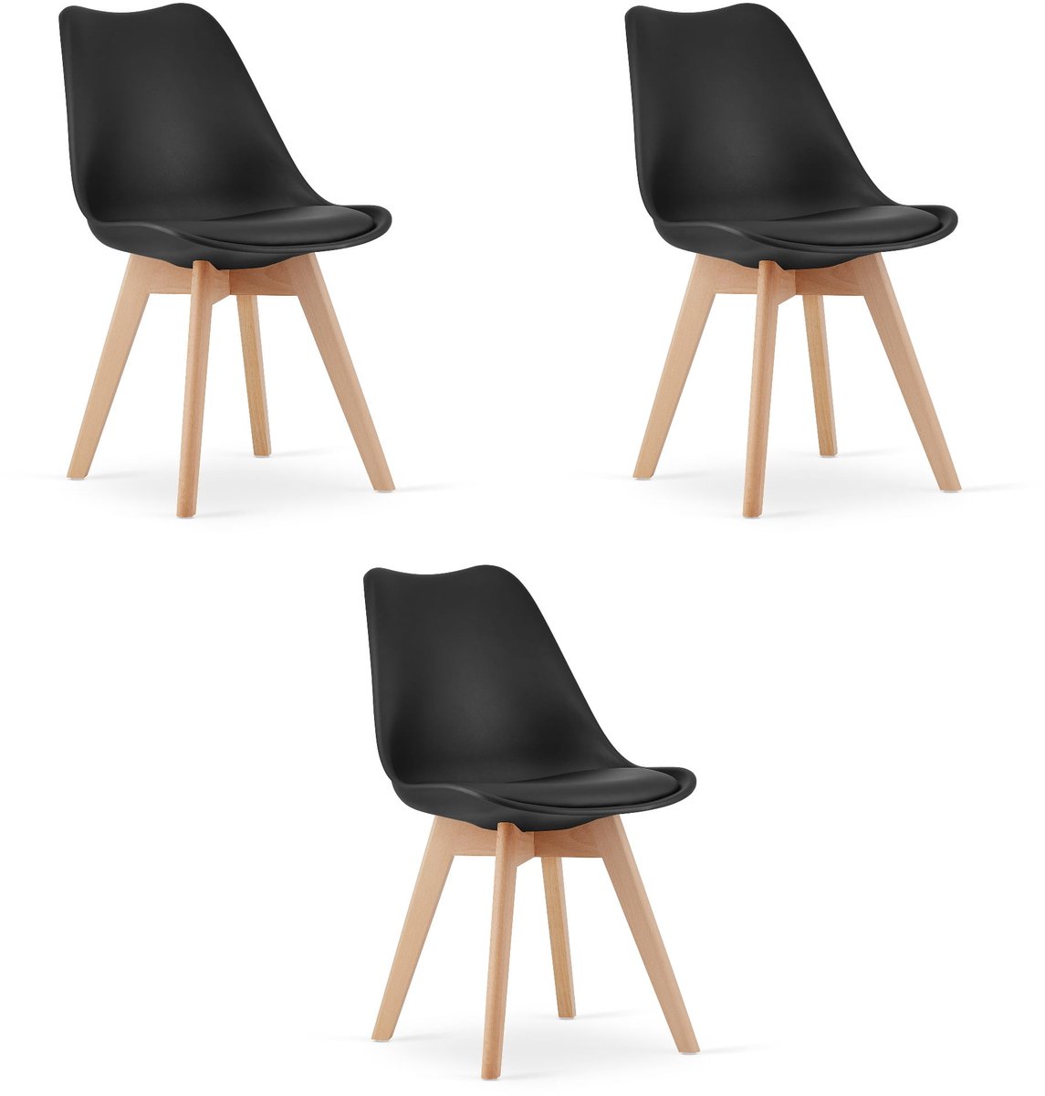 LEOBERT Set van 3 Stoelen MARK – Zwart, Beukenhouten Poten, Kunststof Zitting met Kunstlederen Kussen, Strak Design, Ergonomisch, Geschikt voor Keuken, Eetkamer, Kantine en Werkruimte, Max. 120 kg