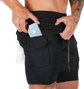 Relentless® Sportbroek Heren - Sportkleding - Fitnesskleding - Hardloopbroek Heren - 2 in 1 Sportshorts - Telefoonzak (Zwart L)