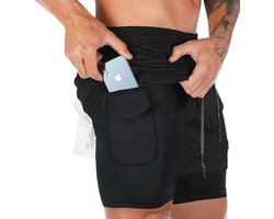 Relentless® Sportbroek Heren - Sportkleding - Fitnesskleding - Hardloopbroek Heren - 2 in 1 Sportshorts (Zwart L)