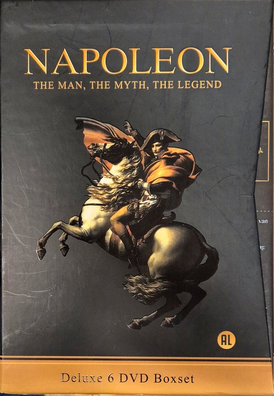 Een DVD-hoes met een schilderij van Napoleon te paard, met de tekst 'Napoleon The Man, The Myth, The Legend'.