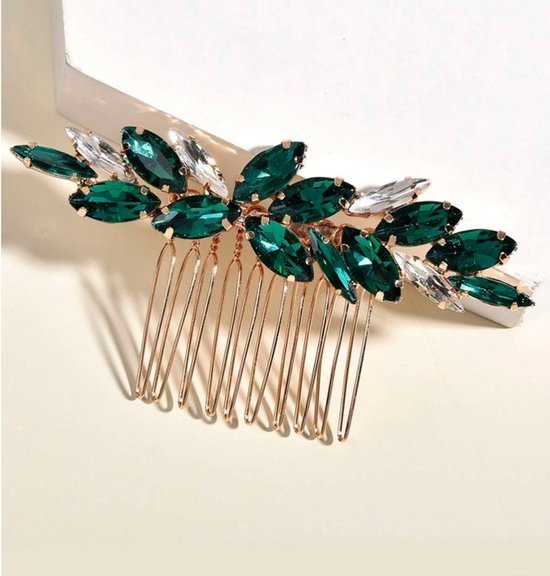 Ornement de cheveux sur un peigne couleur or décoré de strass vert émeraude et couleur naturelle (mariage, communion, cosplay, sortie, kawaii)