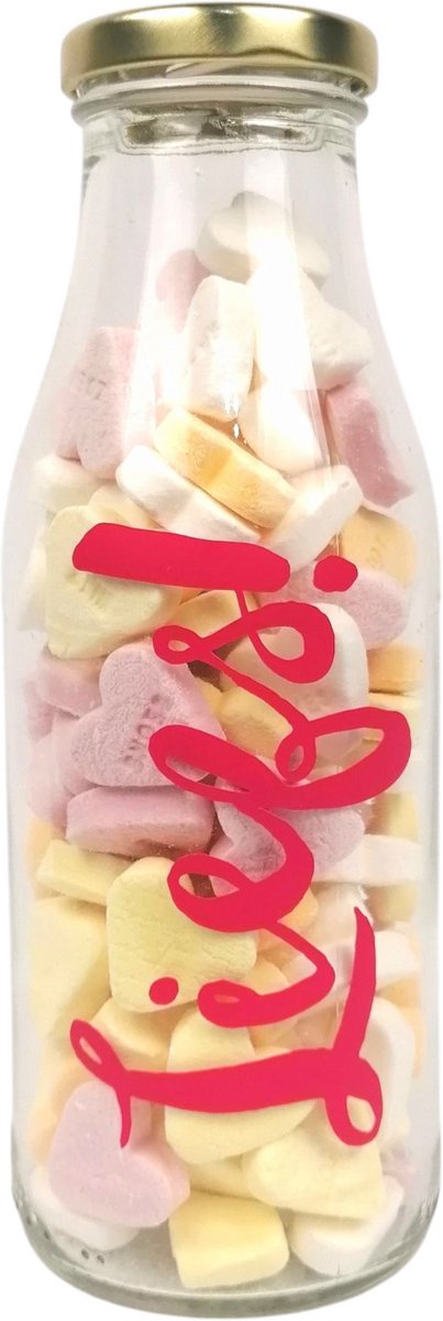 Moederdag - Denk aan je - Beterschap - Valentijn - Snoepcadeau "Liefs" fles gevuld met hartjes