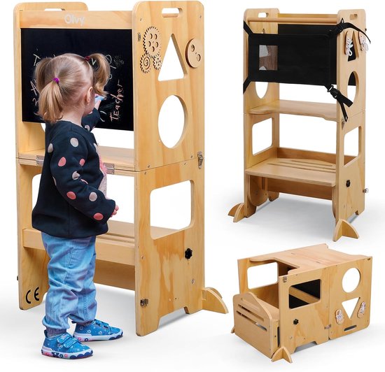 OHMG Leertoren, houten speeltoren, Montessori-observatietoren, opvouwbare Montessori-toren, opvouwbare observatietoren voor kinderen, observatietoren voor kinderen, tafel, observatiekruk vanaf