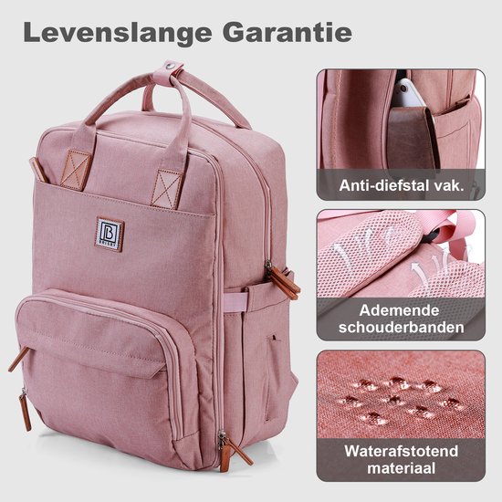 Collage van een roze rugzak. Toont een anti-diefstal vak, ademende schouderbanden en waterafstotend materiaal.