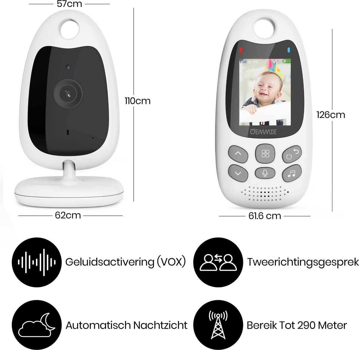 Afbeelding 2 van Oemmie Babyfoon - Babyfoon met Camera - Baby Monitor - Baby Camera - Video & Audio - Nachtvisie - Wit