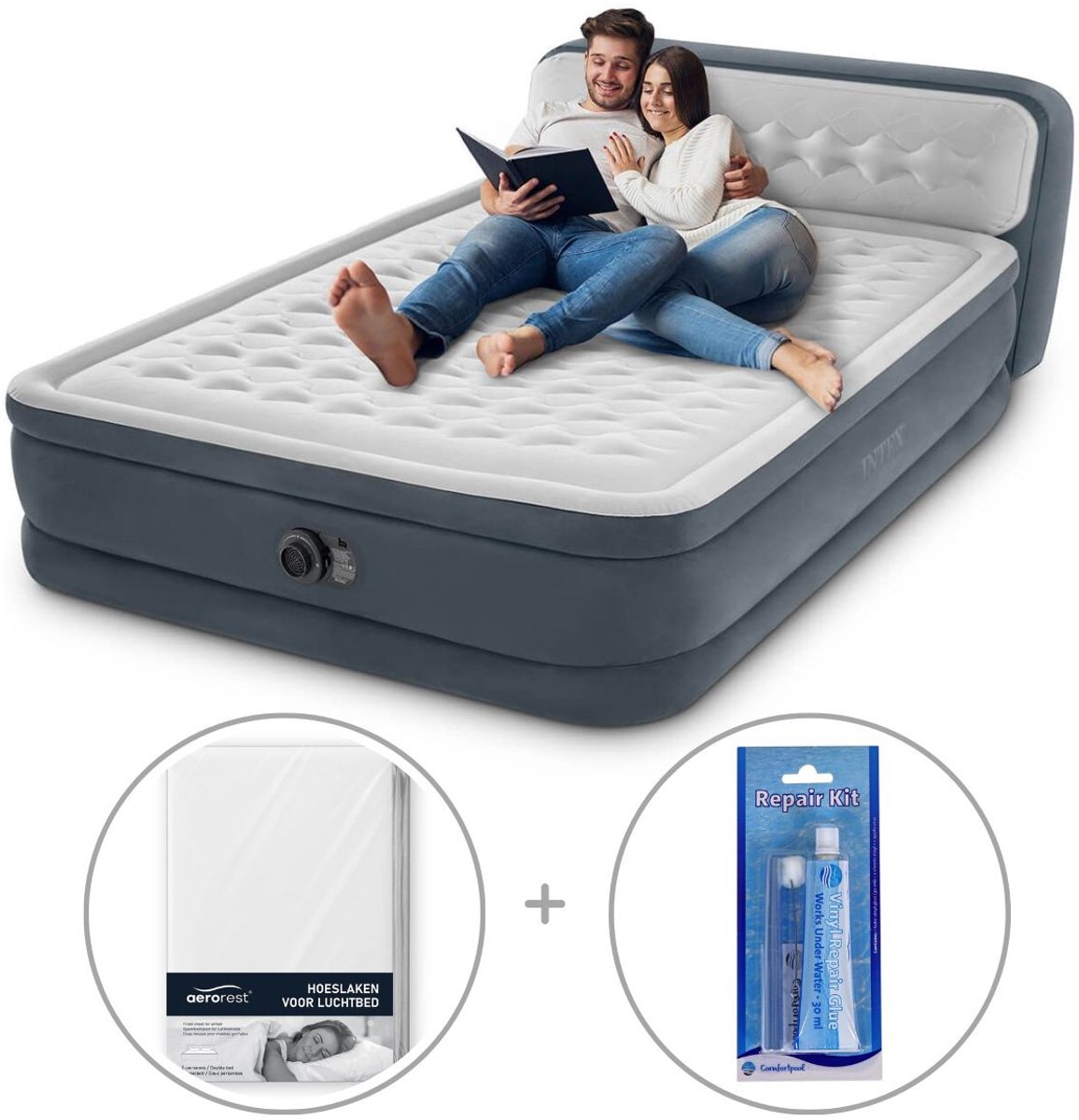 Intex Ultra Plush luchtbed met hoofdboord | Tweepersoons | 152 x 203 x 46 cm | Inclusief reparatiekit + hoeslaken