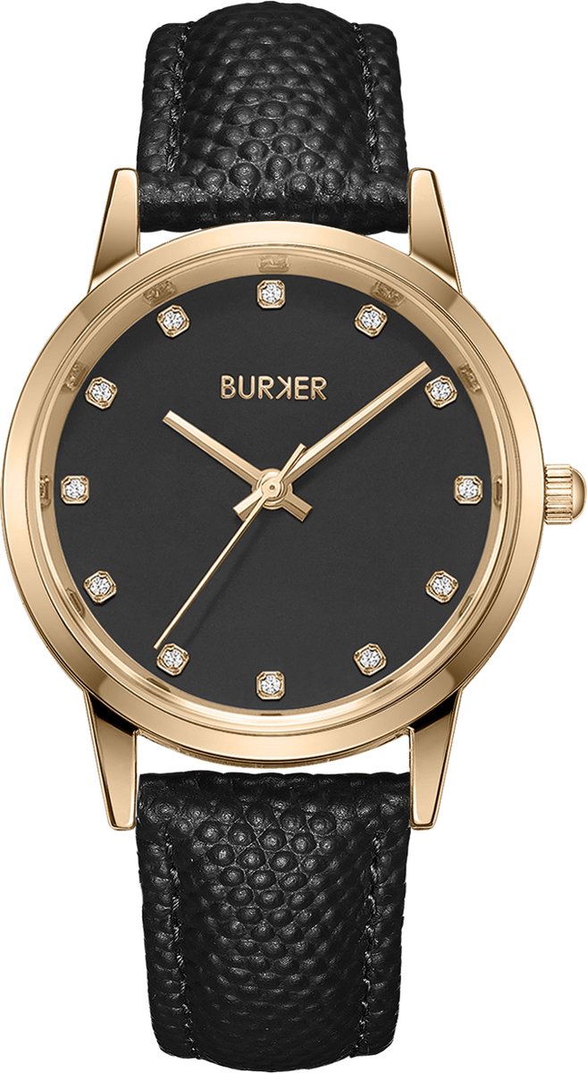 BURKER Amy Horloge Dames - Rond - Goud Zwart - Zwart - Leren Band - Zirkonia - 32mm