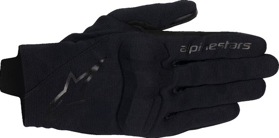 Zwarte Alpinestars motorhandschoen met subtiel logo op de rug van de hand.