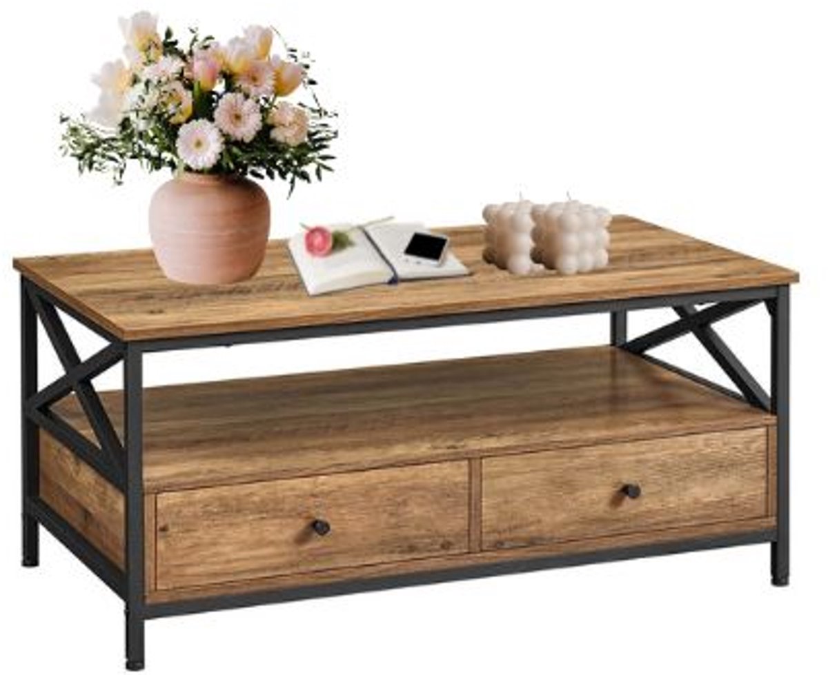 Signature Home Fiji Salontafel - woonkamertafel - banktafel voor woonkamer - Salontafel met lades - X-Struts - open vak - industrieel - walnootbruin - zwart - 100 x 56 x 45.5 cm