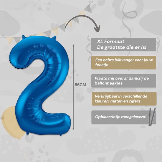 LUQ - Ballons Chiffrés - Ballon Chiffré 2 Ans - Couleur Blauw - XL Groot - Ballon à Hélium - Décoration Anniversaire