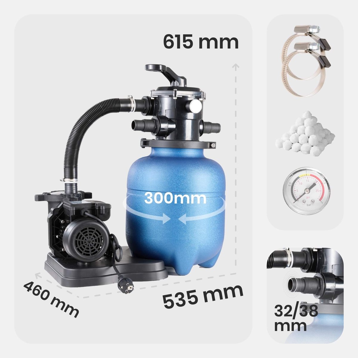 AREBOS Zandfilter - Zandfiltersysteem - Zandfilterpomp voor zwembad - 950L/h – foto 2
