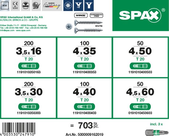 Coffret de montage SPAX, L-BOXX Mini, petit, WIROX A9J, T-STAR plus, tête fraisée, 6 tailles, 703 pièces, avec 3 embouts SPAX T20 et mètre pliant SPAX - 5000009160049
