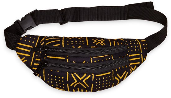 Sac banane noir avec imprimé Mudcloth jaune et trois compartiments zippés.