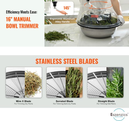 Eszenzics™ Oogsttrimmer - Roestvrijstalen 41 cm kom - Stalen messen - Knipmachine - 24 rubberen strips - Voor verwijderen van bladeren - Droge en natte bladeren van Eszenzics™ — afbeelding 2
