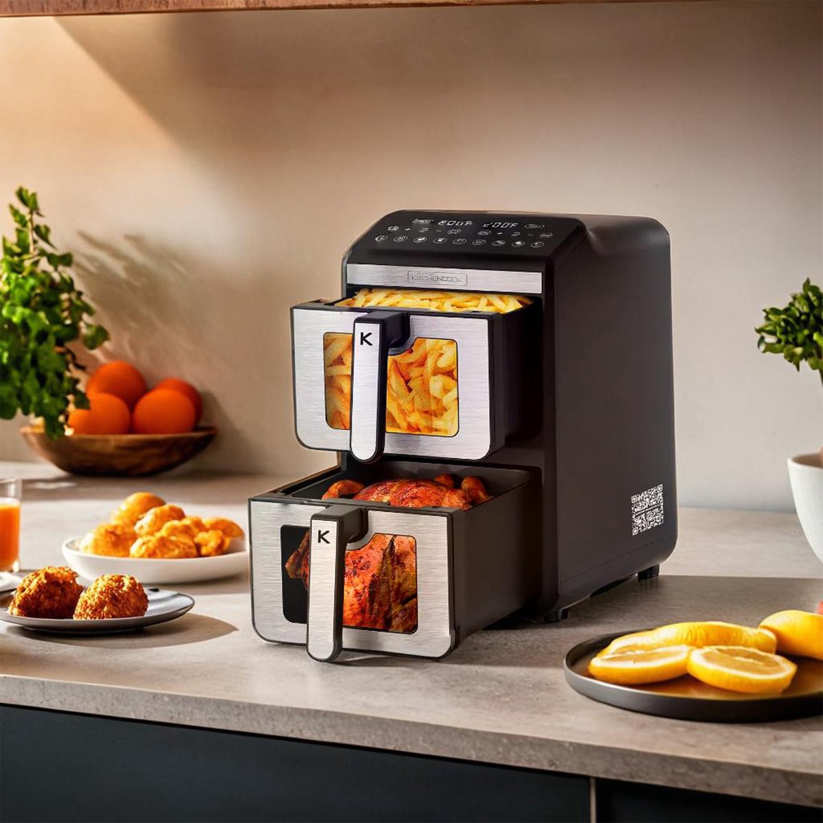 Kitchencook - Airflow 11 - Dubbele Airfryer XXL - 11 Liter - 2400W - Dubbele deur - 7 Programma’s - Energiezuinig