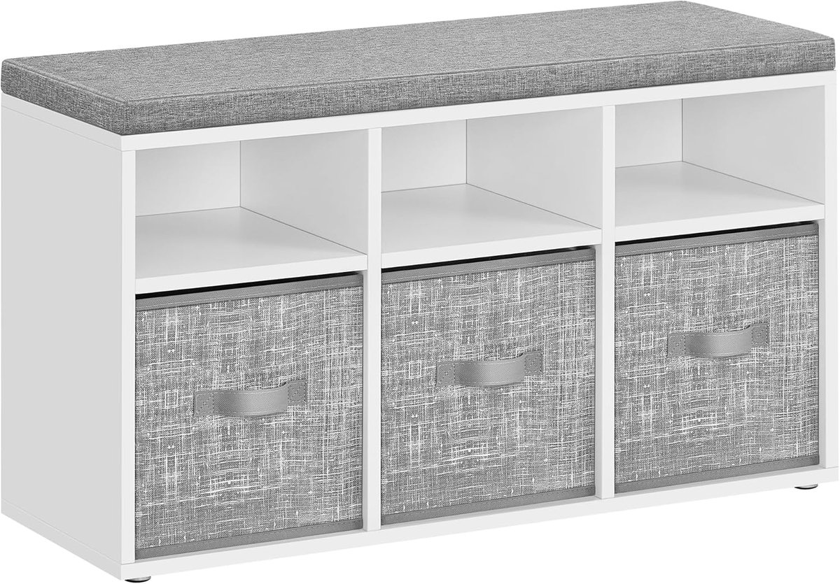 MAZAZU - Schoenenbank - 6 Vakken - 3 Opbergdozen - Wit en Grijs - 30.3x87x48cm