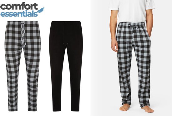 Comfort Essentials - Pyjama Heren Volwassenen - Broek - 2 Pack - Grijs Geruit / Zwart - L - Pyama Heren Volwassenen - Pyjamabroek Heren - Pyamabroek Heren