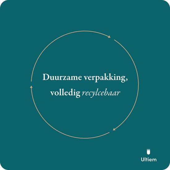 Cirkel met pijlen en tekst "Duurzame verpakking, volledig recyclebaar".
