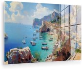 MuchoWow® Glasschilderij 120x80 cm - Schilderij acrylglas - Kustdorp - Schilderij - Rotsen - Boten - Foto op glas - Muurdecoratie woonkamer - Wanddecoratie slaapkamer - Schilderijen