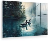 MuchoWow® Glasschilderij 30x20 cm - Schilderij acrylglas - Bos - Water - Eenden - Mistig - Foto op glas - Muurdecoratie woonkamer - Wanddecoratie slaapkamer - Schilderijen