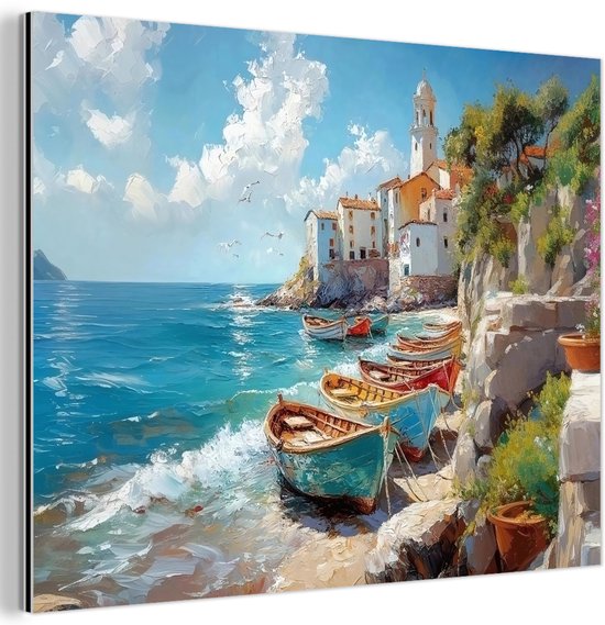 Aluminium schilderij 40x30 cm - Wanddecoratie metaal - Boten - Rotsen - Zee - Zon - Metalen muurdecoratie woonkamer - Decoratie industrieel - Foto op dibond - Industriële accessoires slaapkamer
