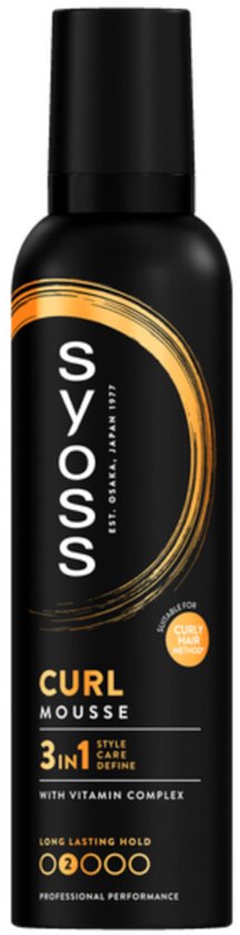 Zwarte spuitbus 'SYOSS CURL MOUSSE 3IN1' met gele accenten en hold-niveaus.