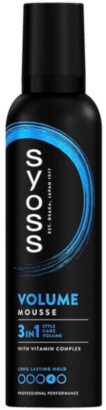 Zwarte flacon met blauwe cirkel en witte tekst "SYOSS VOLUME MOUSSE 3IN1 STYLE CARE VOLUME WITH VITAMIN COMPLEX LONG LASTING HOLD".
