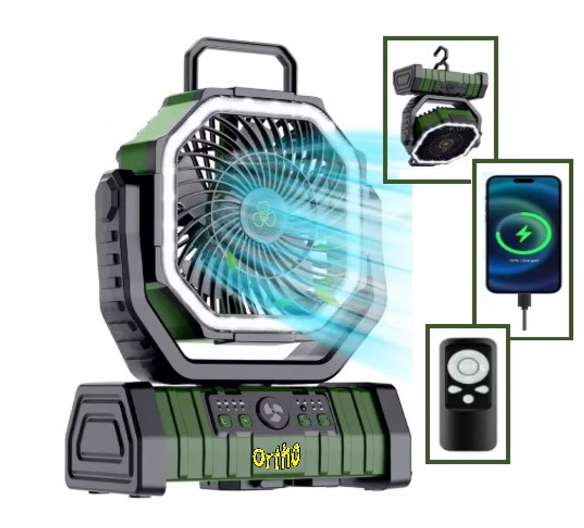 Ortho® - Draagbare ventilator - Grote batterijcapaciteit - Ventilator staand - Tafel ventilator - Camping ventilator - Ventilator lamp - Draagbaar - Met afstandsbediening - Groen