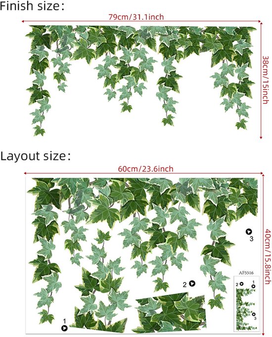 Dimensions de la taille finale et de la mise en page d'un sticker mural avec des feuilles de lierre vertes.