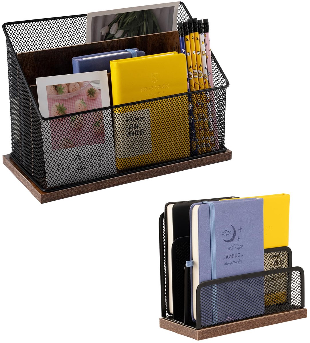 Ibenzoa Verticale Archiefopslag met Retro Design, 3 Niveaus, Hout en Metalen Vlechtwerk - Ideaal voor Thuiskantoor en Organisatie zwart