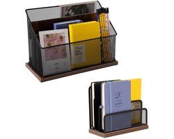 Ibenzoa® Verticale Archiefopslag met Retro Design, 3 Niveaus, Hout en Metalen Vlechtwerk - Ideaal voor Thuiskantoor en Organisatie