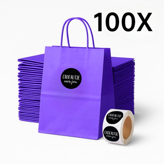 Papieren Draagtas (S) - Paars / Lila - (Inclusief Zwarte Stickers “Cadeautje voor jou”) - 100 Stuks - 18x8x22 cm - Papieren Tasjes - Kraft Tas - Tassen - Cadeau Tas - Hoogwaardig Natron Kraft Papier - Eco-vriendelijk