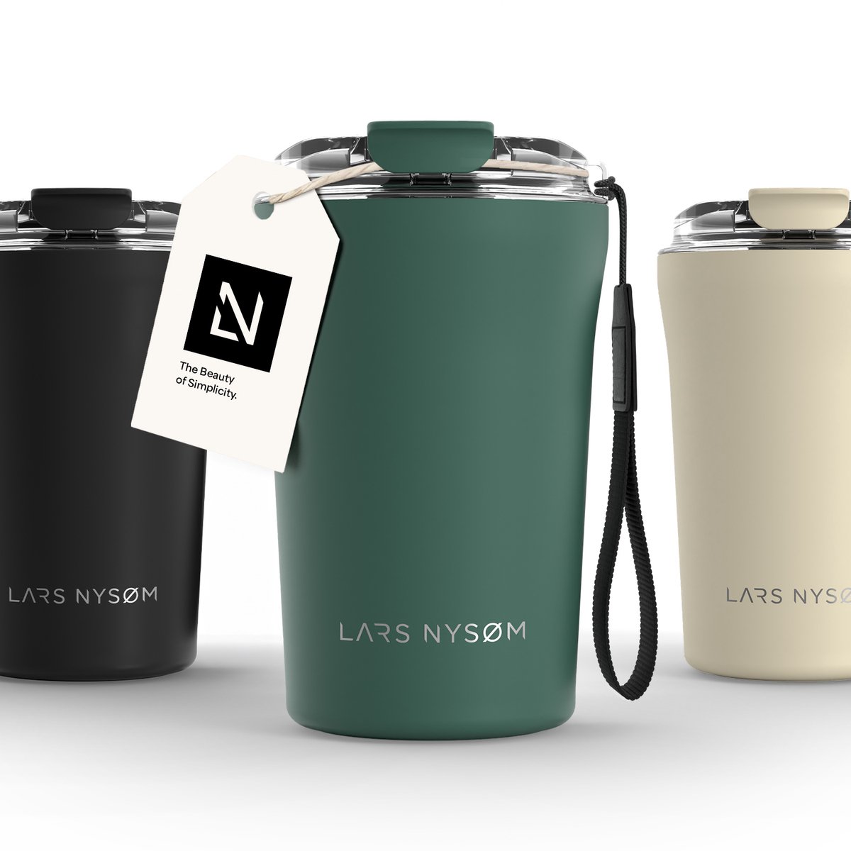 LARS NYSØM Rørelse Thermo Coffee Mug-to-go 380ml - BPA-vrij met Isolatie - Met Draagriem & Tritan Deksel (Pine Green)