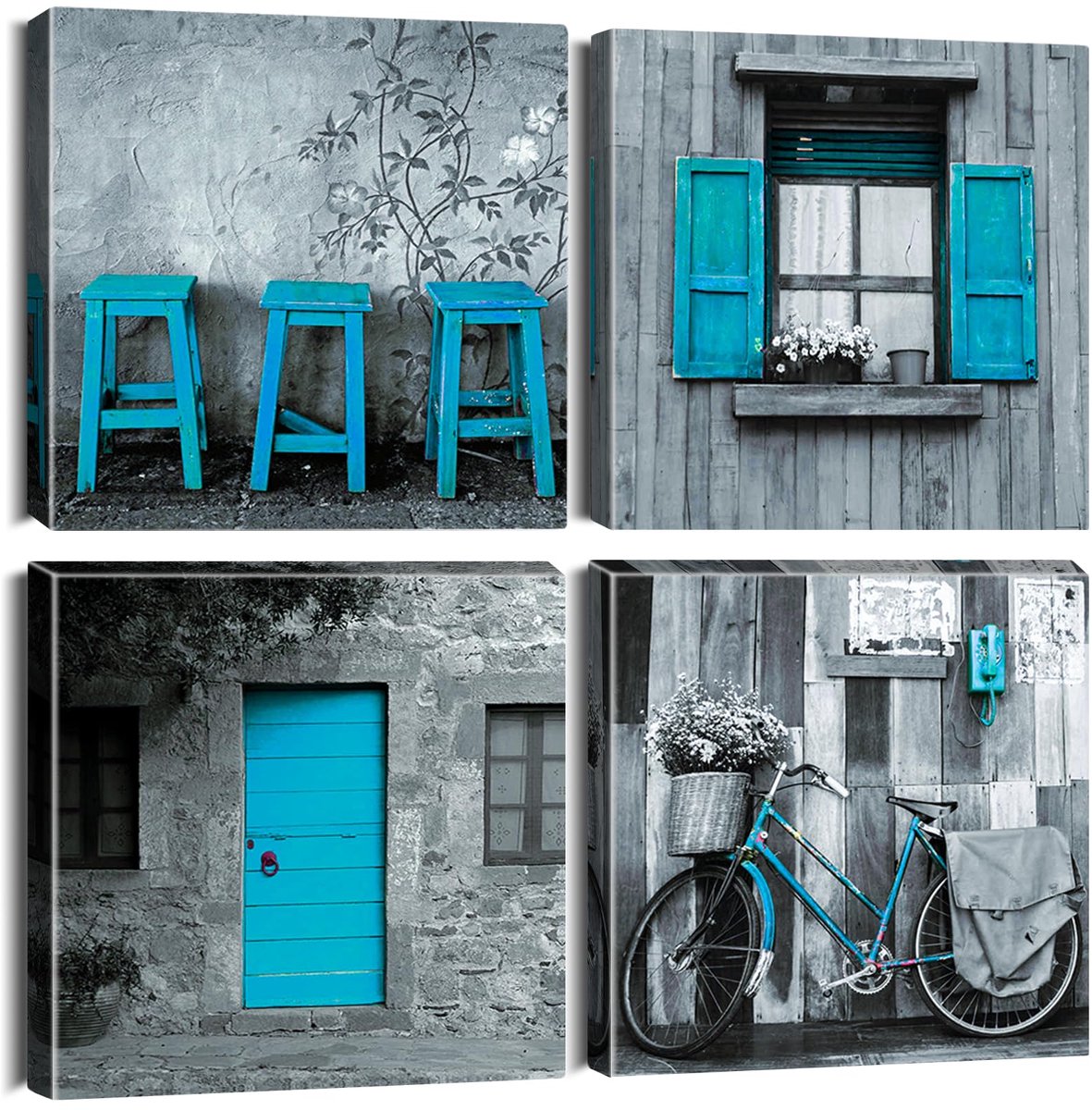 Ibenzoa Set van Vier Canvas Prints met Blauw en Grijs, Moderne Wanddecoratie voor Diverse Interieurs, 30 x 30 cm