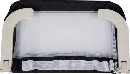 Opgevouwen donkergrijs bedhek met witte gaas-strook en beige steunen.