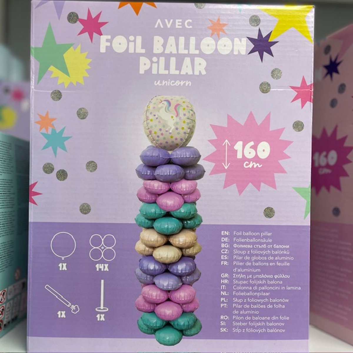 Ballon pilaar - Folieballon pilaar - Folieballonnen pilaar - Ballonnenboog - 160 cm hoog - 14 lagen met 4 ballonnen - Diverse kleuren - Eenhoorn
