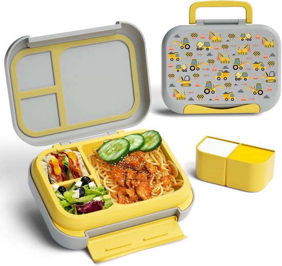 BentOH! Boîte à bento et boîte à lunch 2 en 1 pour Enfants - Camions - Étanche et sans BPA - Avec 3 compartiments amovibles - Compatible micro-ondes, congélateur et lave-vaisselle