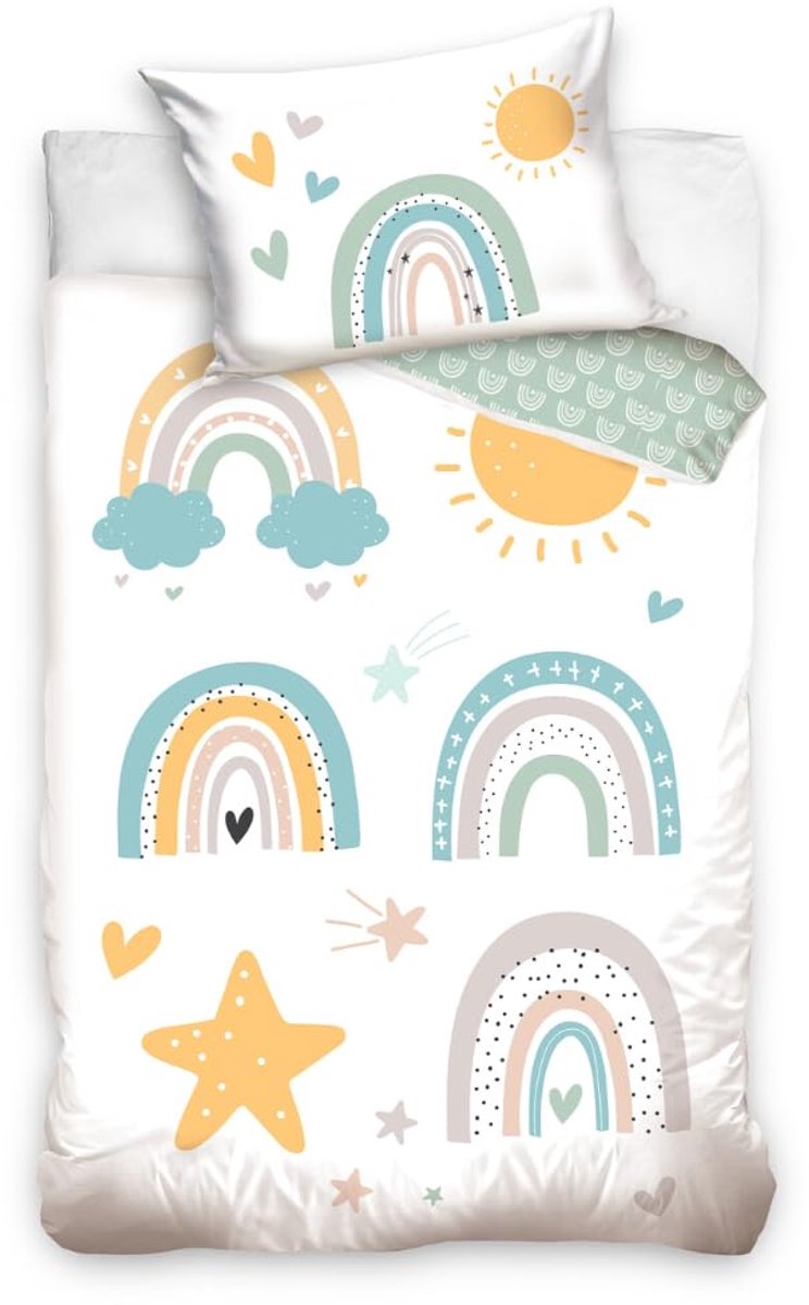 Unyqoos Kinderbeddengoedset Regenboog en Zon, 100% Katoen, Geschikt voor Meisjes en Jongens, Inclusief Kussensloop