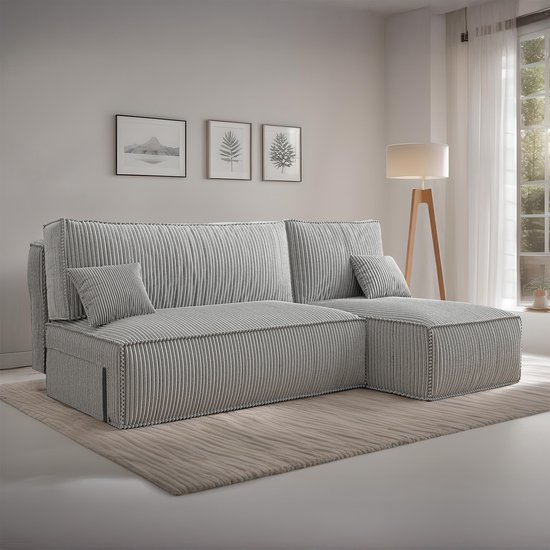 Canapé d'angle avec rangement Jelle - Grijs - Velours côtelé - Canapé - Canapé convertible - Universel - Gauche ou Droite - Canapé d'angle - Méridienne - Canapé avec couchage - 3 places