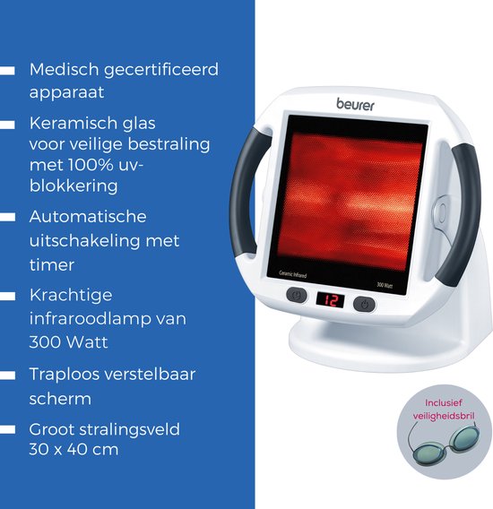 Beurer IL 50 Infraroodlamp - Rood licht therapie voor Spieren, Gewrichten & Verkoudheid - Warmtelamp met Groot Bestralingsoppervlak (30×40 cm) - Timer & Automatische Uitschakeling - Medisch Gecertificeerd